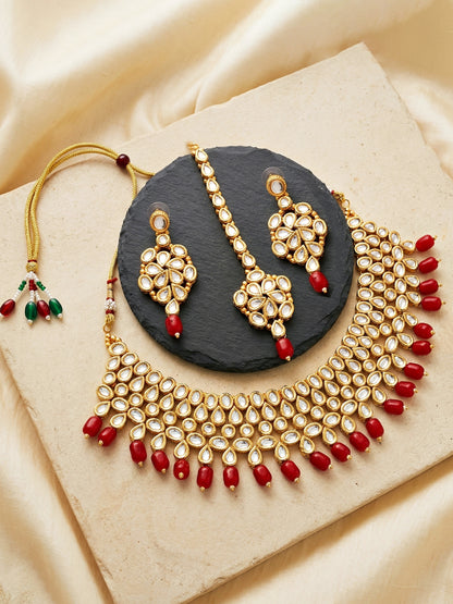 Handcrafted Kundan Maroon Beaded Choker Jewellery Set with Maang Tikka, 18K Gold Plated (842-B5SP-005-M)