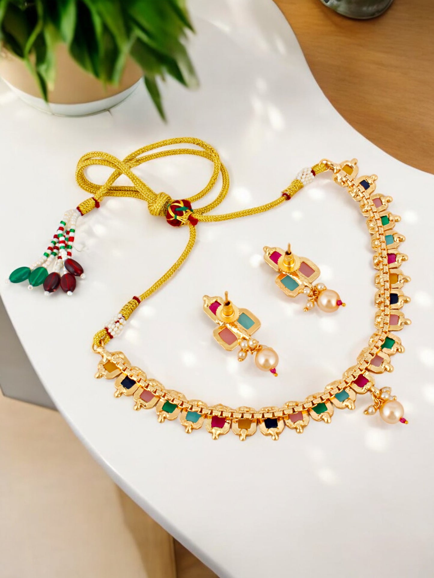 Gold Plated Multi Color Choker Necklace Set with Earrings for Women & Girls