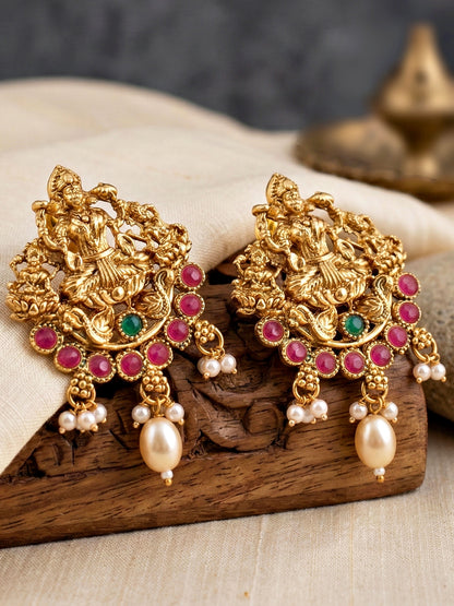Lucky Jewellery Gold-Plated Laxmi Idol Temple Ruby & Green Color Necklace Set (660-G2SR-196-RG)