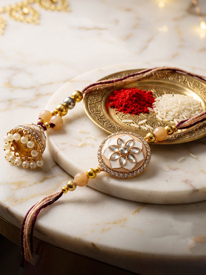 Set of 2 Beige & White Kundan Bhaiya Bhabhi Rakhi Set, Floral Enamel Jhumki Lumba with Beads (325-CHCR1-1152-W-2-2026)