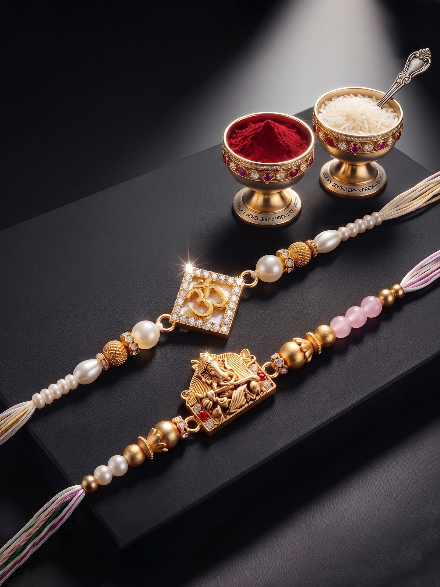 Lucky Jewellery Set of 2 Rakhi with Om & Ganesha Pendants, Pink & Smooth White Beads, Roli Chawal & Card (188-S7R1-2316-2)