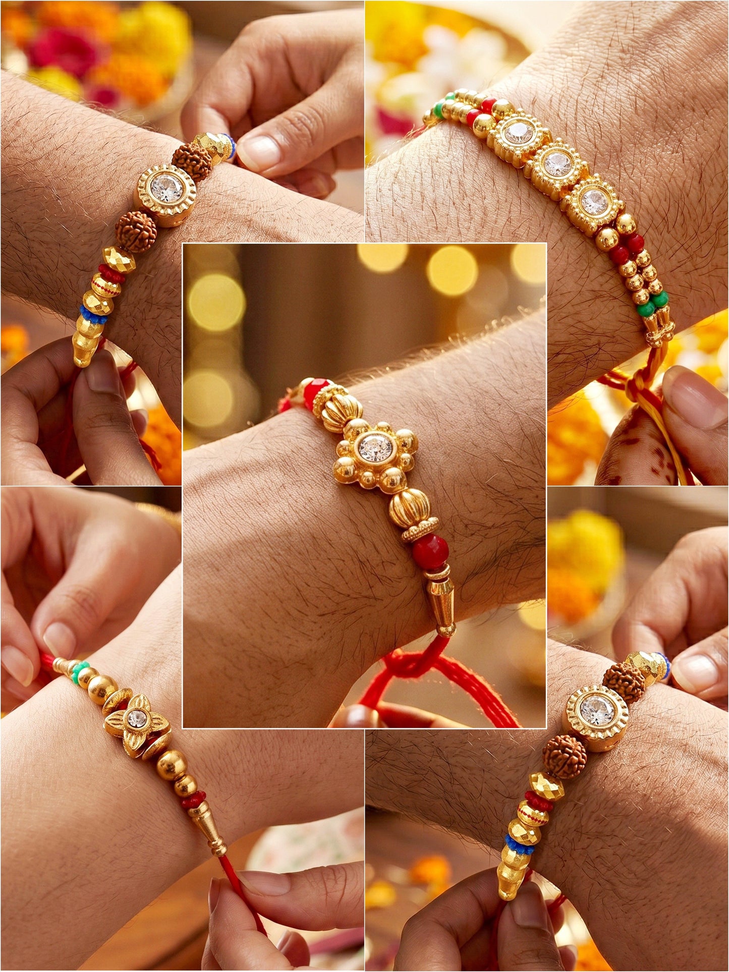 Lucky Jewellery Set of 5 Rakhi with Small Crystal Centerpieces, Gold-Tone & Multicolor Beads, Roli Chawal & Card (61-S7R1-2319-5)