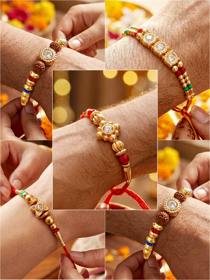 Lucky Jewellery Set of 5 Rakhi with Small Crystal Centerpieces, Gold-Tone & Multicolor Beads, Roli Chawal & Card (61-S7R1-2319-5)