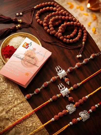 Set of 5 Rudraksha & Silver Trishul Rakhi Set: Shiva-Themed, Metallic Accents, Roli, Chawal & Card (718-JPR1-1994-5-2026)