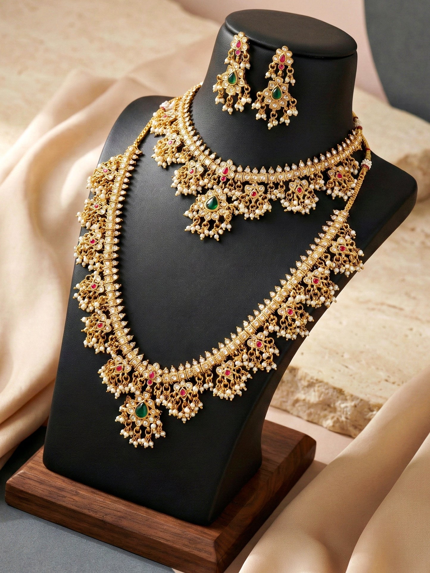 Exquisite Indian Ethnic Gold Plated 2-Piece Choker and Long Necklace Set with Pearl Tassels & Matching Earrings for Women - Premium Bridal, Wedding & Festive Wear (2063-ISR-2302-RG)