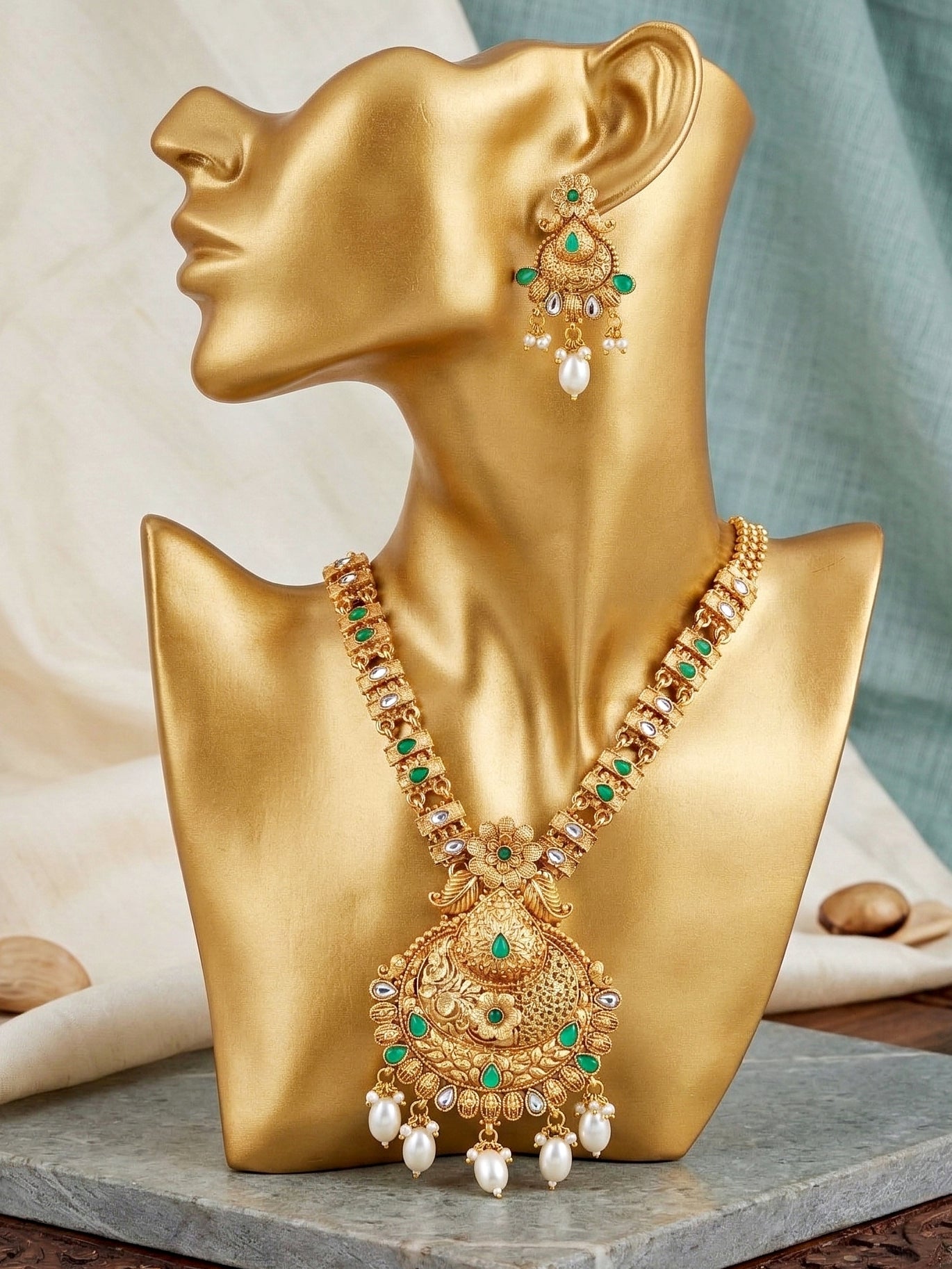 Lucky Jewellery Gold-Plated Green Color Long Necklace Set (660-G2SR-203-G)