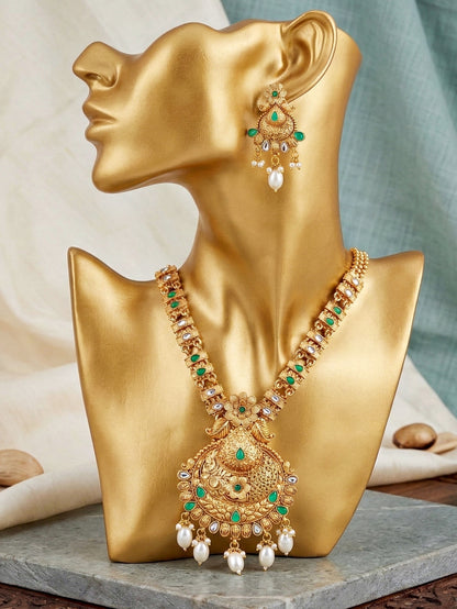 Lucky Jewellery Gold-Plated Green Color Long Necklace Set (660-G2SR-203-G)