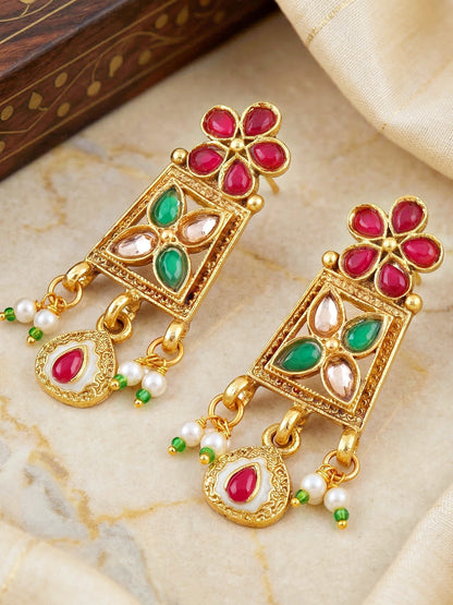 Lucky Jewellery Gold-Plated Ruby & Green Color Necklace Set (750-G2SR-269-RG)