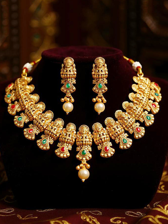 Gold Plated Temple Jewellery Goddess Lakshmi Design Necklace with Earrings
