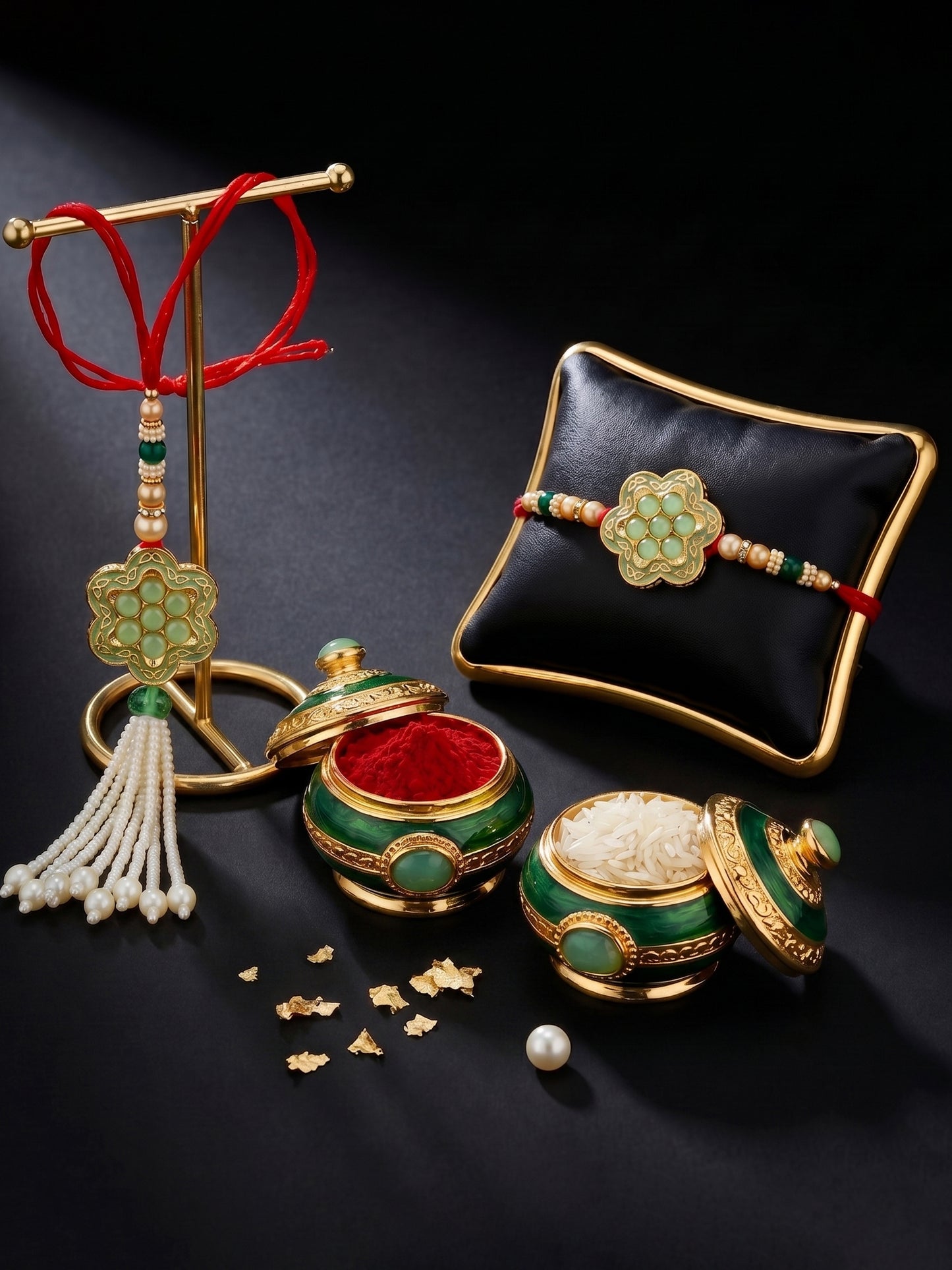 Set of 2 Bhaiya Bhabhi Rakhi Set with Floral Mint Pendant, Green & Golden Beads,Tassel Lumba (130-JPCR1-1857-MNT-2-2026)