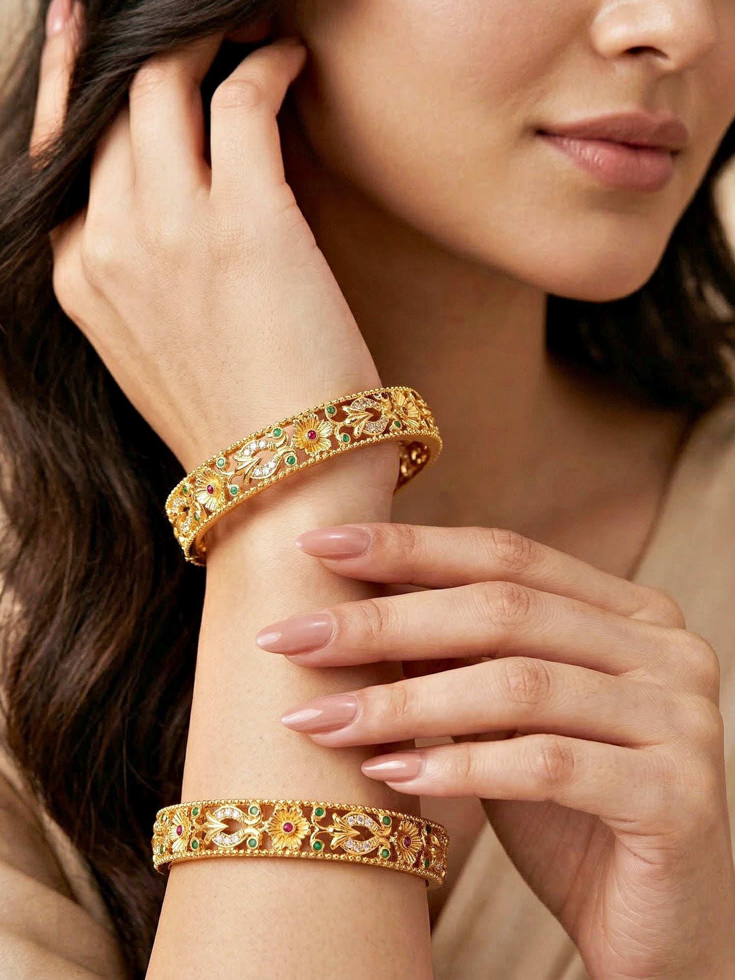 Gold-Plated Temple Floral AD Pink Green Bangle (816-C1BG-2204-2)