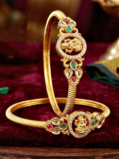 Gold-Plated Laxmi Ji AD Temple Bangle Pink Green (655-C1BG-2197-2)