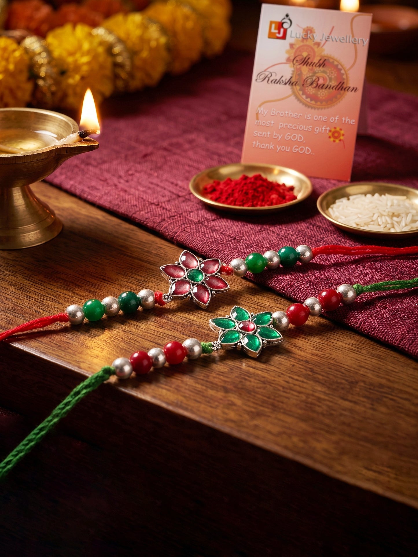 Set of 2 Floral Rakhi for Brother with Maroon & Green Enamel, Beads, Roli Chawal & Card (102-JPR1-1970-S-2-2026)