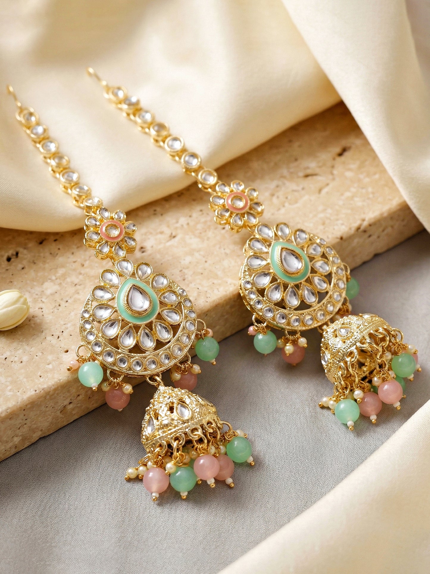 Bridal Kundan Pink Mint Multicolor Choker Jewellery Set with Hathphool & Nath (2541-IZK-554-PKMNT)