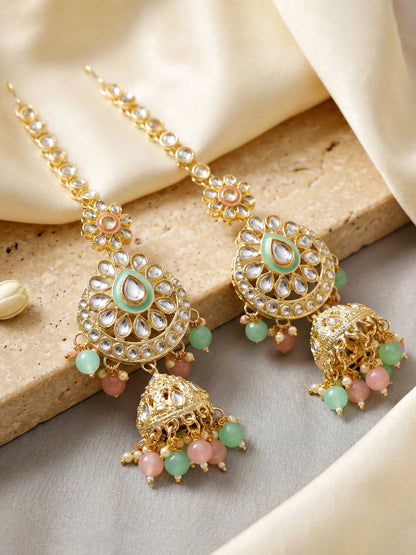Bridal Kundan Pink Mint Multicolor Choker Jewellery Set with Hathphool & Nath (2541-IZK-554-PKMNT)