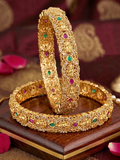 Gold-Plated Laxmi Temple AD Pink Green Bangle (1174-C1BG-2215-2)