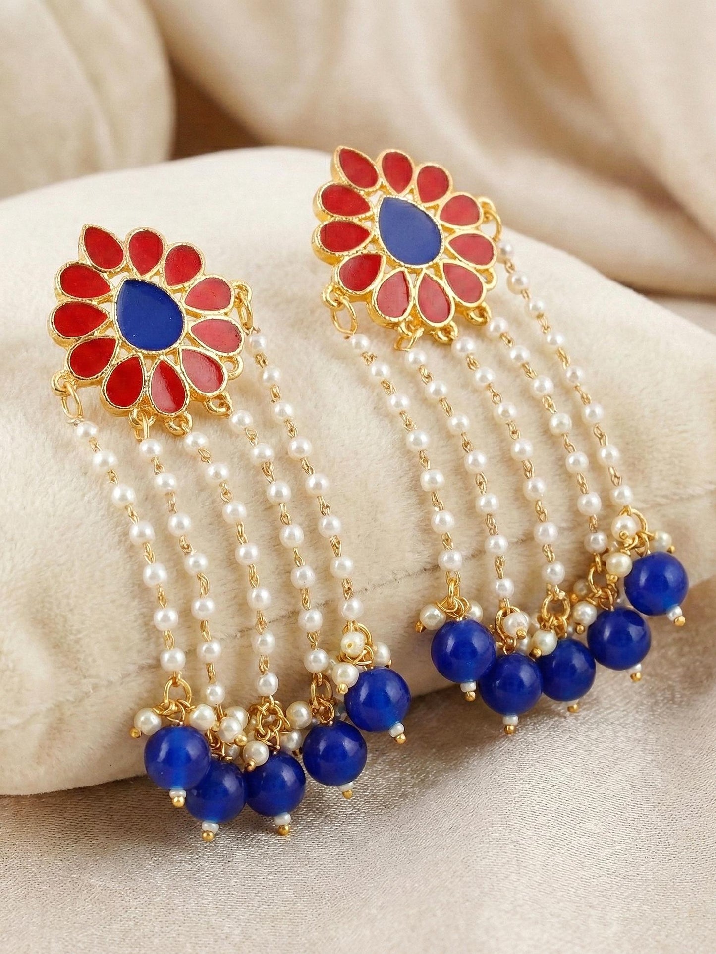 Gold-Plated Magenta Enamel Floral Earrings with Moti Layers &  Blue Beads Earring For Girls & Women (354-KEO-13113-RB)