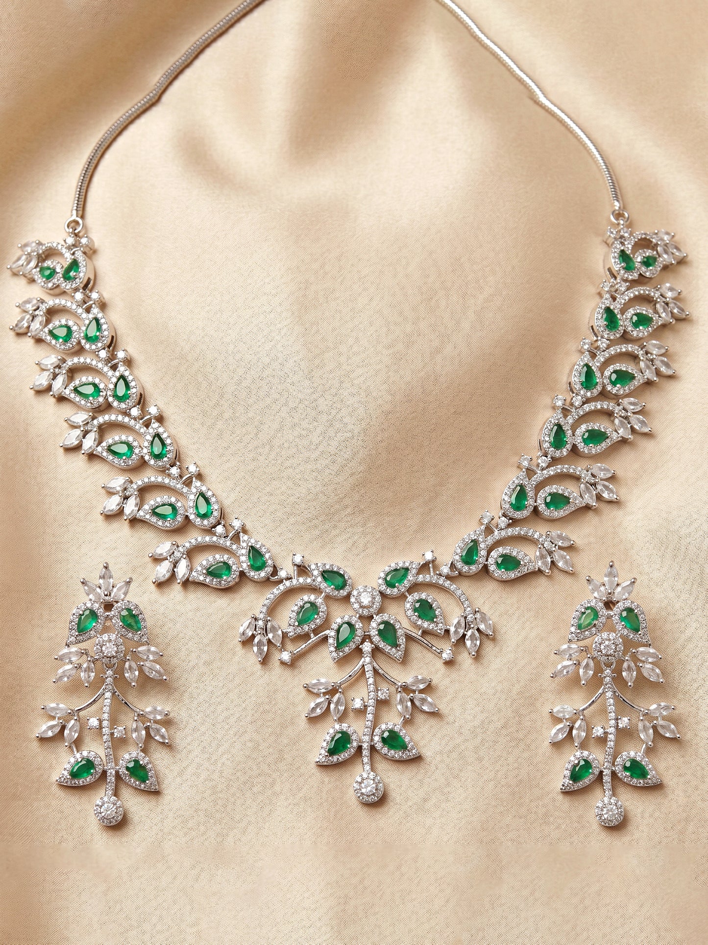 Lucky Jewellery Silver-Tone Green Stone & American Diamond Necklace Set with Earrings for Women – Office, Party & Function Wear (1948-K4SA-2241-G-S)