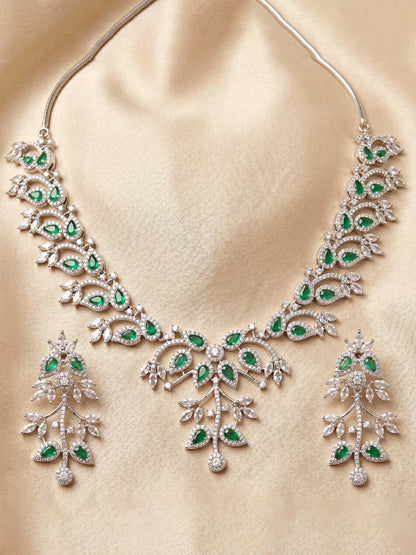 Lucky Jewellery Silver-Tone Green Stone & American Diamond Necklace Set with Earrings for Women – Office, Party & Function Wear (1948-K4SA-2241-G-S)