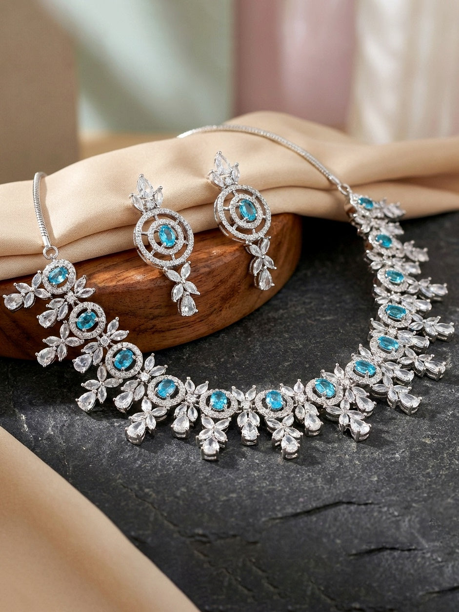 Silver-Tone Ferozi (Turquoise) Stone & American Diamond Necklace Set with Earrings for Women – Office, Party & Function Wear (1717-K4SA-2242-F-S)