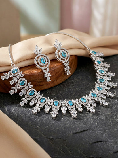 Silver-Tone Ferozi (Turquoise) Stone & American Diamond Necklace Set with Earrings for Women – Office, Party & Function Wear (1717-K4SA-2242-F-S)