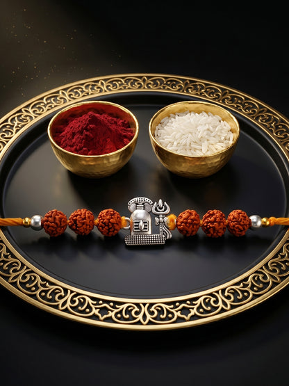 Silver Spiritual Shivling Trishul Rakhi for Brother with Rudraksha, Roli & Chawal & Card (73-CHR1-1963-1-2026)