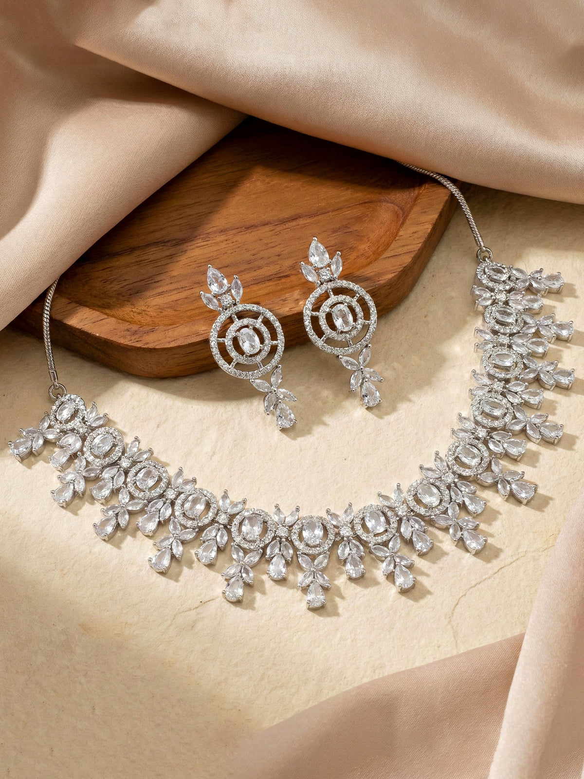 Silver-Tone White Stone & American Diamond Necklace Set with Earrings for Women – Office, Party & Function Wear (1717-K4SA-2242-W-S)