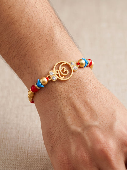Lucky Jewellery Set of 4 Rakhi with Ek Onkar Pendant, Maroon & Blue Beads, Roli Chawal & Card (62-S7R1-2322-4)