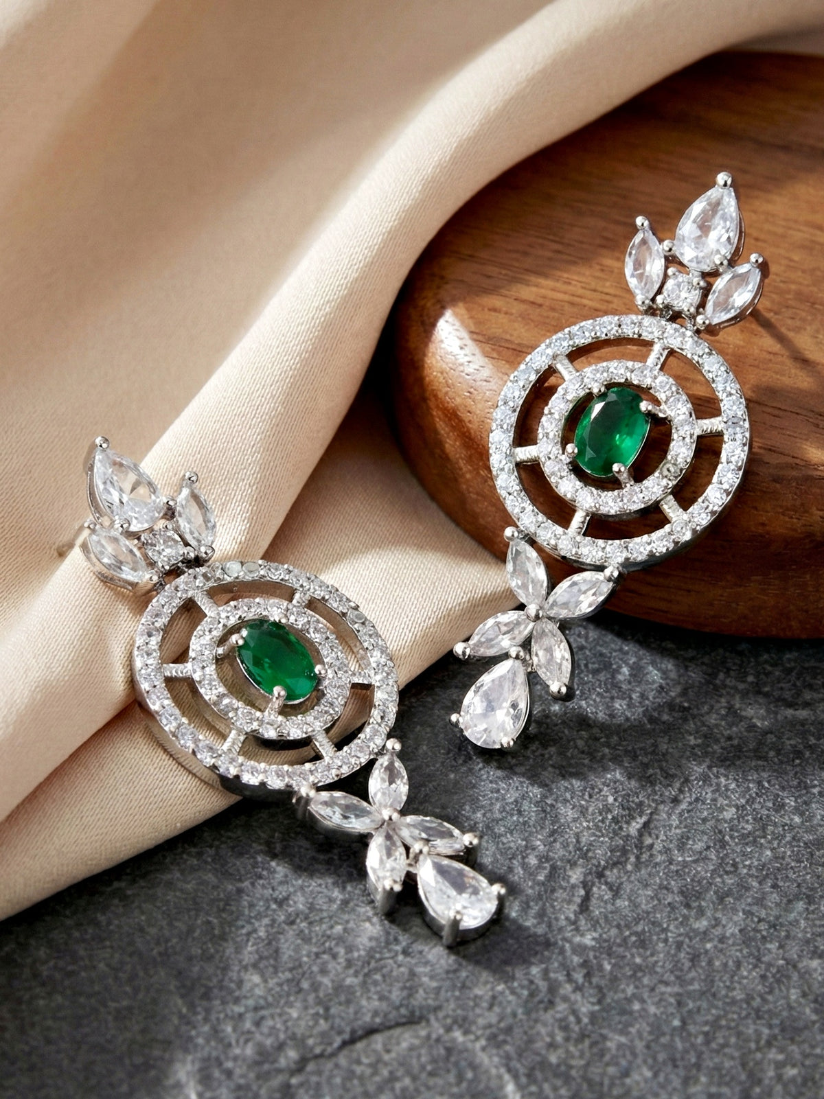 Silver-Tone Green Stone & American Diamond Necklace Set with Earrings for Women – Office, Party & Function Wear (1717-K4SA-2242-G-S)