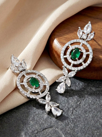 Silver-Tone Green Stone & American Diamond Necklace Set with Earrings for Women – Office, Party & Function Wear (1717-K4SA-2242-G-S)