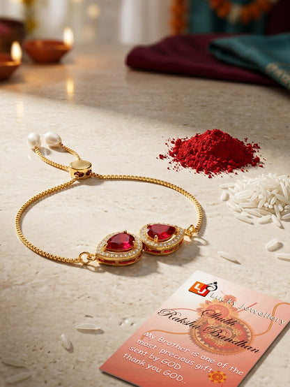 Adjustable Rakhi Bracelet with Maroon drop AD Pendant, White Drops, Roli Chawal & Card (195-CHB2-1279-M-2026)