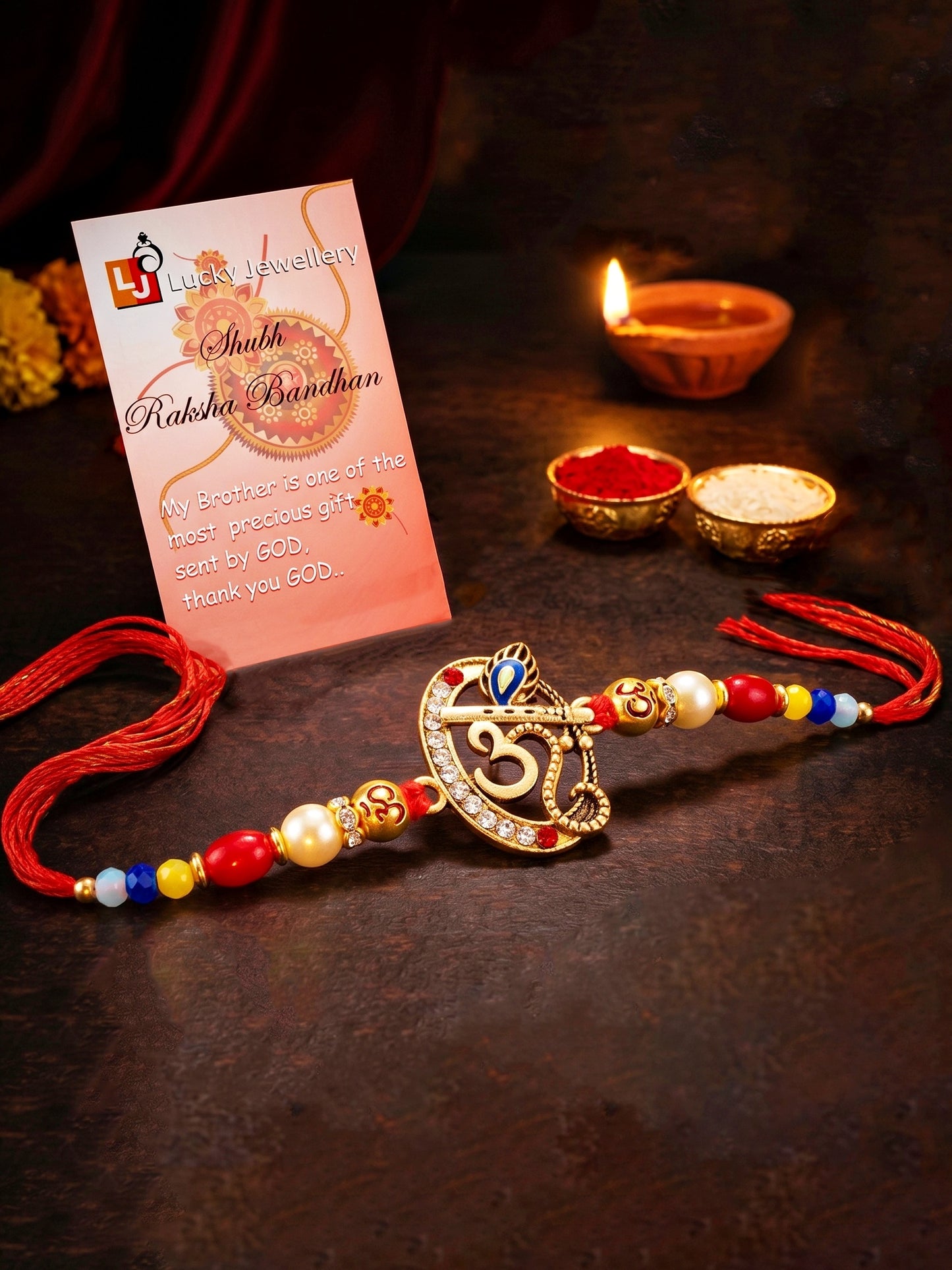 Spiritual Om Krishna Flute Peacock Beaded Rakhi Set For Brother | Roli Chawal & Cards (72-S5R1-AR2927)