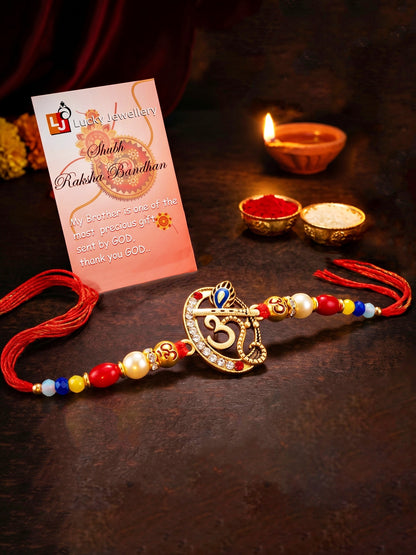 Spiritual Om Krishna Flute Peacock Beaded Rakhi Set For Brother | Roli Chawal & Cards (72-S5R1-AR2927)