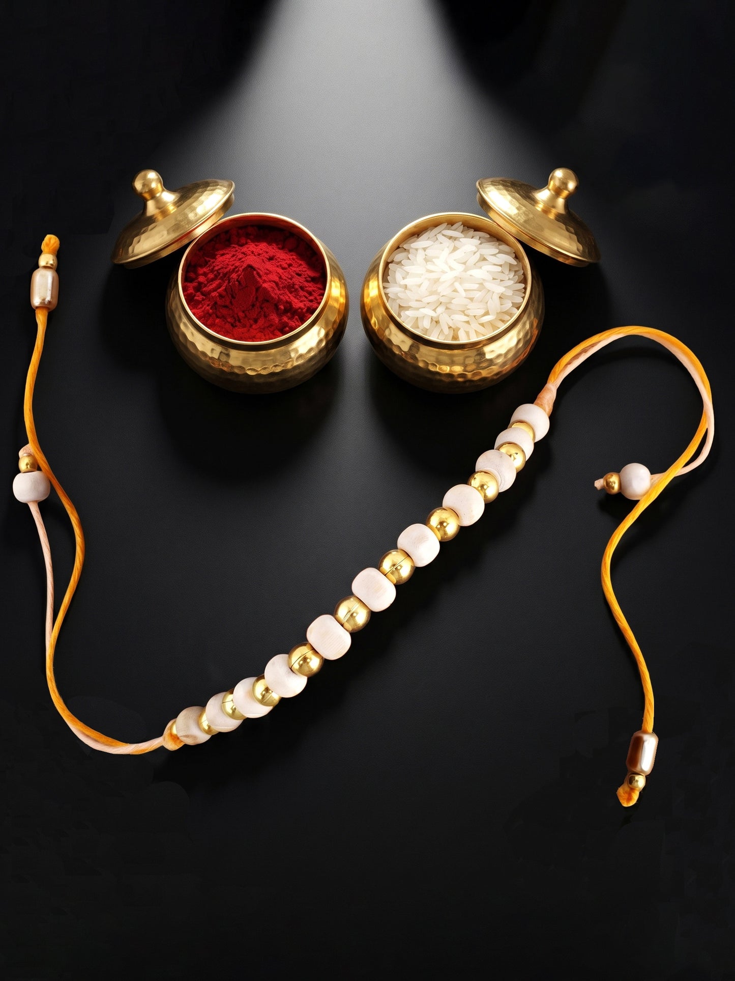 Traditional Tulsi Beads Rakhi for Brother with Gold Accents, Roli Chawal & Card (66-TUR1-1988-1-2026)