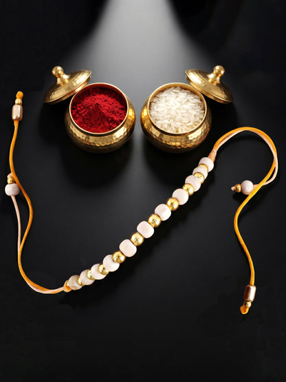 Traditional Tulsi Beads Rakhi for Brother with Gold Accents, Roli Chawal & Card (66-TUR1-1988-1-2026)