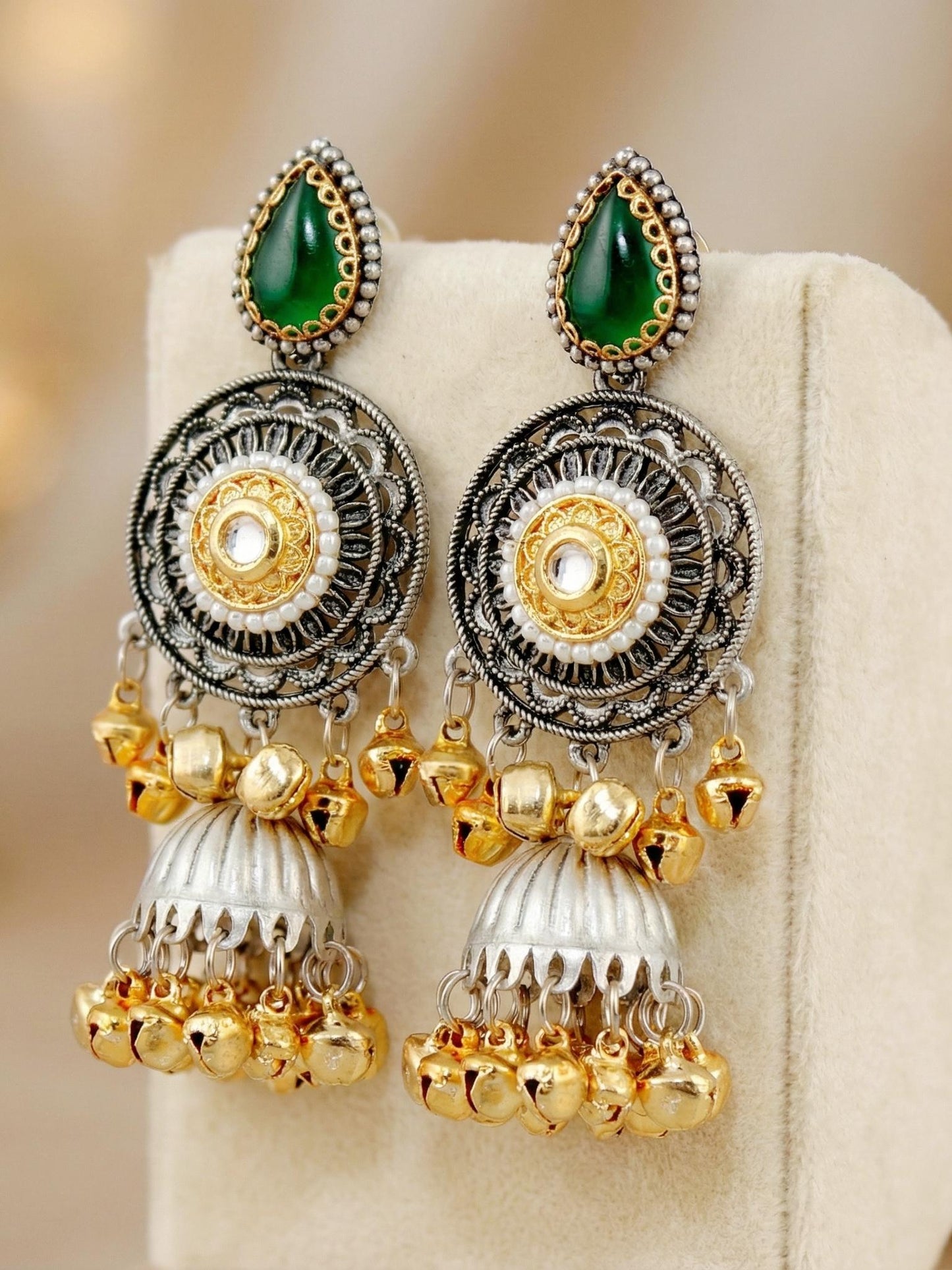 LUCKY JEWELLERY Dual Tone Oxidized Silver Jhumka Earrings with Green Stone & Golden Ghungroo | Kashmiri Style Traditional Jhumki Earrings for Girls & Women | Festive & Gift Wear