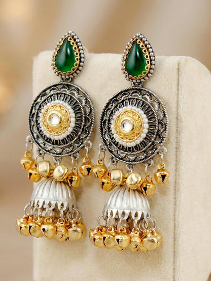 LUCKY JEWELLERY Dual Tone Oxidized Silver Jhumka Earrings with Green Stone & Golden Ghungroo | Kashmiri Style Traditional Jhumki Earrings for Girls & Women | Festive & Gift Wear