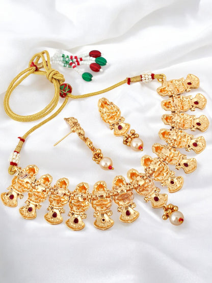 Gold Plated Temple Jewellery Goddess Lakshmi Design Necklace with Earrings