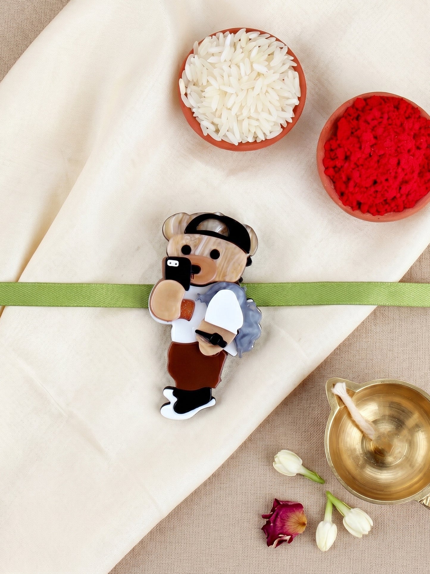 Kids Rakhi for Little Brother, Cute Selfie Teddy Bear Acrylic Charm on Green Ribbon, Roli, Chawal (425-CHR1-1193-1-2026)