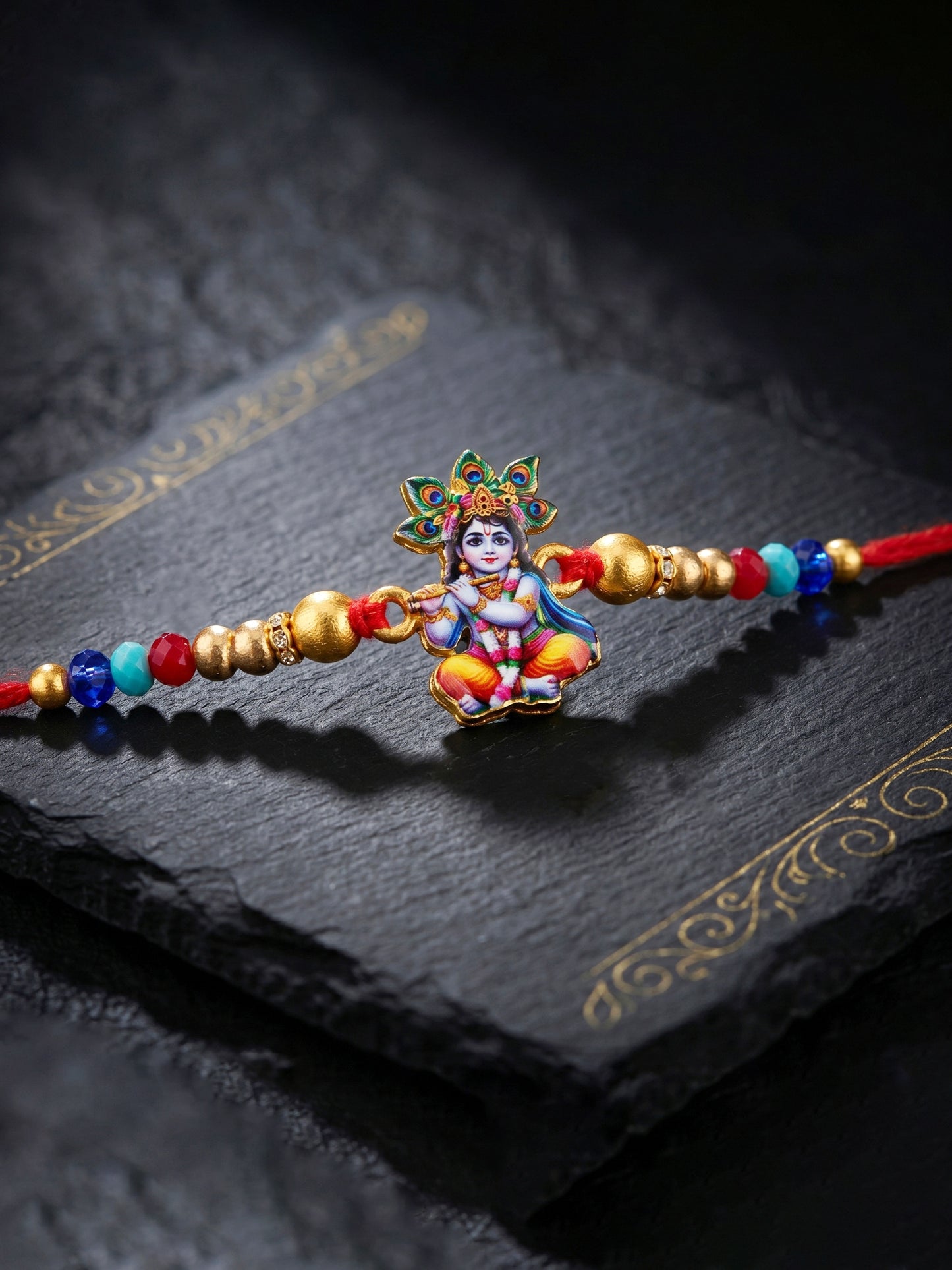 Designer Krishna Rakhi Set of 3 for Bhai | Traditional Red Thread with Golden & Colored Beads | Raksha Bandhan Gift Pack with Roli Chawal Card (252-S5R1-2310-3)