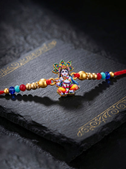 Designer Krishna Rakhi Set of 3 for Bhai | Traditional Red Thread with Golden & Colored Beads | Raksha Bandhan Gift Pack with Roli Chawal Card (252-S5R1-2310-3)