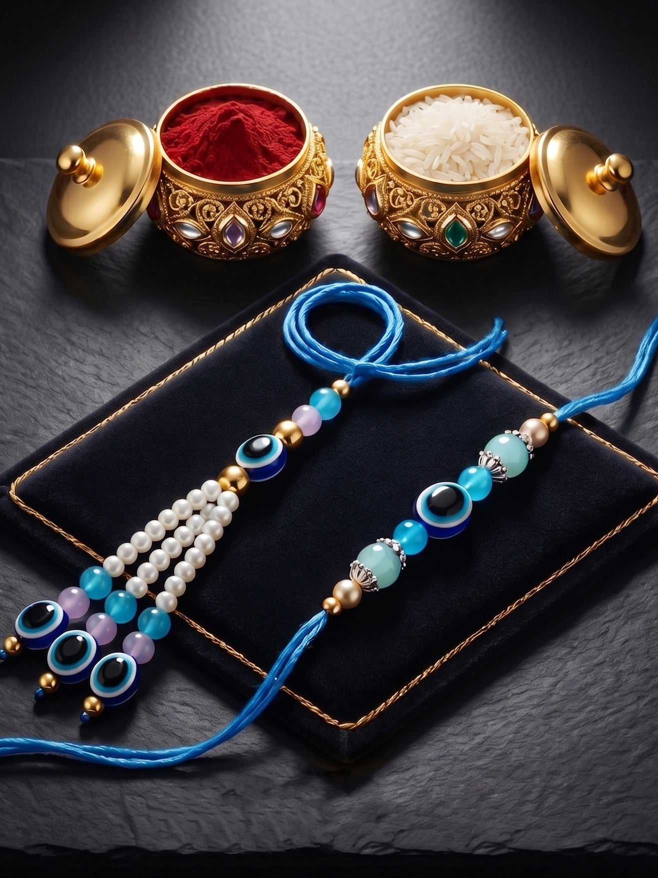Set of 2 Bhaiya Bhabhi Evil Eye Rakhi Set with Blue & White Beads, Lumba Tassel, Roli Chawal & Card (75-J5R1-1993-EE-2-2026)
