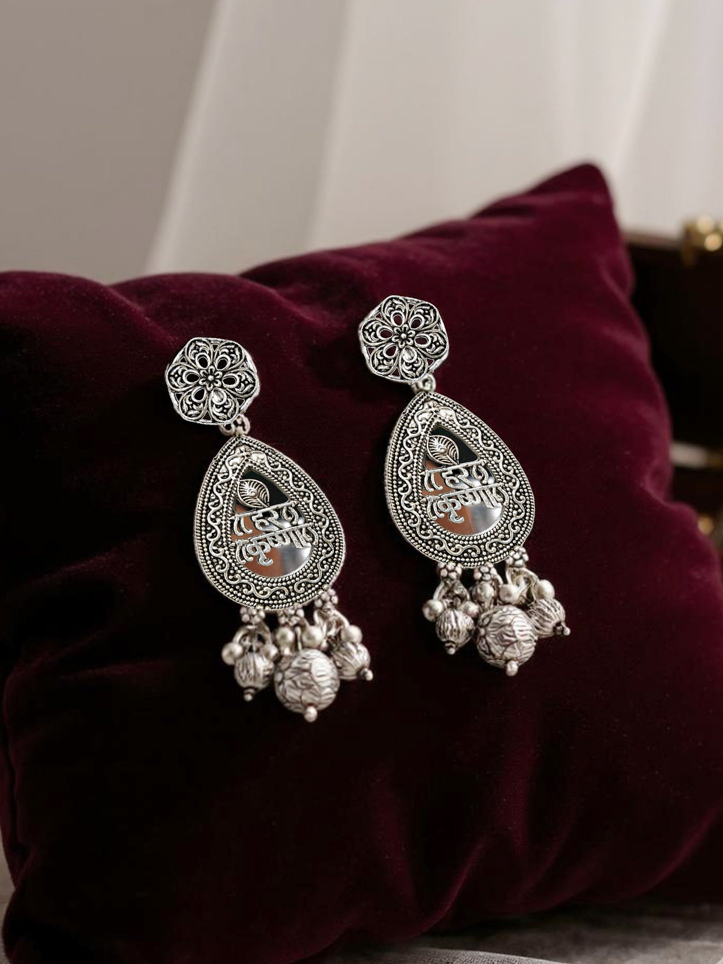 Oxidised Silver Plating Hare Krishna Temple Jewellery Necklace Set for Women & Girls