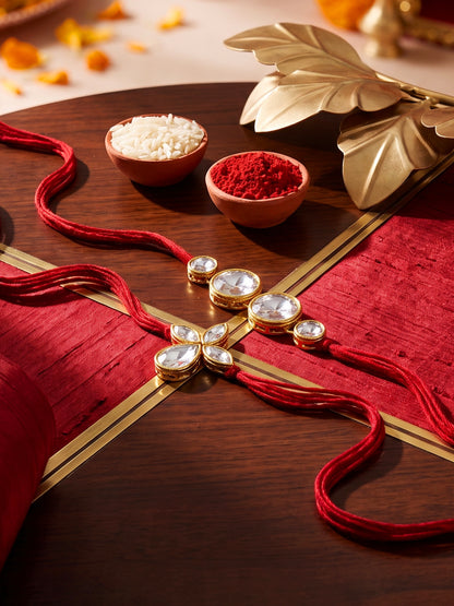 LUCKY JEWELLERY Traditional Rakhi for Brother/Bhaiya – Gold Plated Red Thread Rakshabandhan Rakhie in White Stones for Bhai/Bhabhi (Pack of 2) – Fancy Rakhee Rakshasutra (152-L1R1-06-10-W-2-2026)