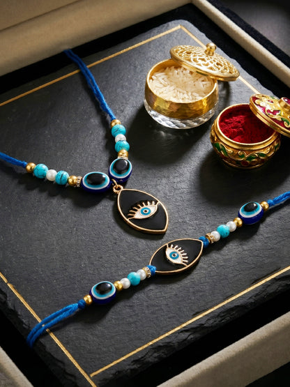 Set of 2 Bhaiya Bhabhi Rakhi Set with Small Evil Eye Pendant, Turquoise & Black Beads, Roli Chawal (194-CHCR1-1984-S-2-2026)