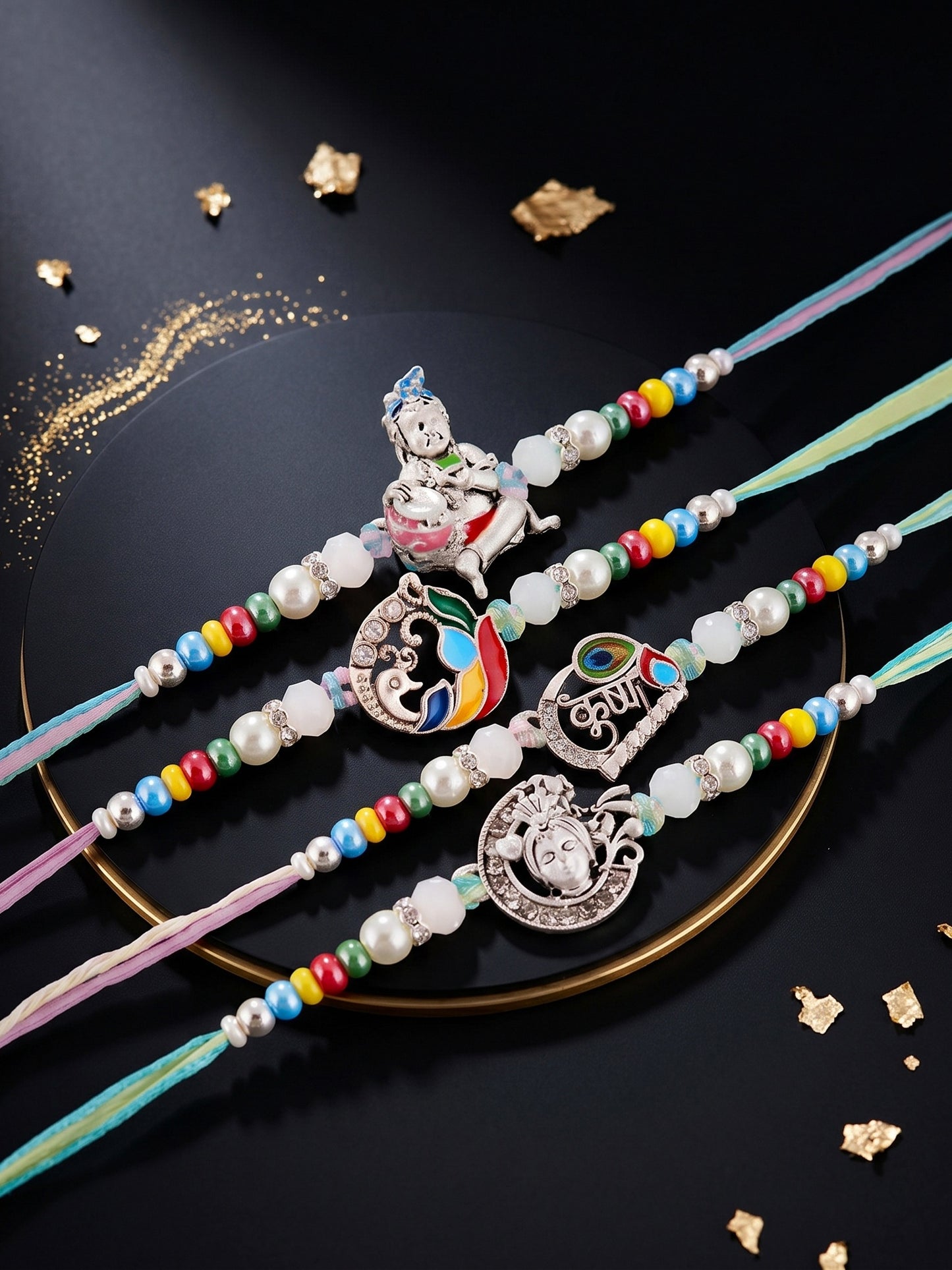Lucky Jewellery Set of 4 Silver-Toned Bal Krishna & Peacock Rakhi for Brother | Designer Beaded Raksha Bandhan Threads with Roli, Chawal & Card (408-S5R1-2308-4)