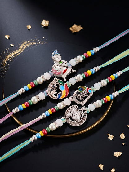 Lucky Jewellery Set of 4 Silver-Toned Bal Krishna & Peacock Rakhi for Brother | Designer Beaded Raksha Bandhan Threads with Roli, Chawal & Card (408-S5R1-2308-4)