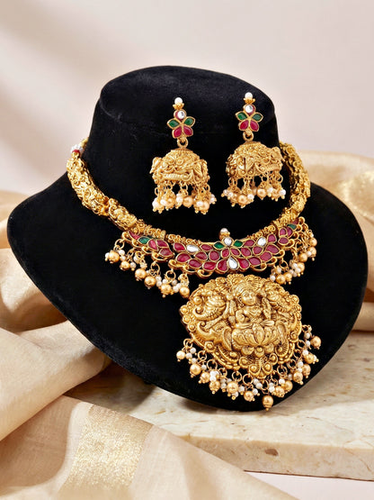 Gold Plated Temple Jewellery Necklace Set for Women with Goddess Lakshmi Pendant, Red Ruby & Green Stone Floral Design, Antique Traditional South Indian Bridal Jewellery, Pearl Drop Choker Necklace with Matching Jhumka Earrings (1634-ISR-2180-R)