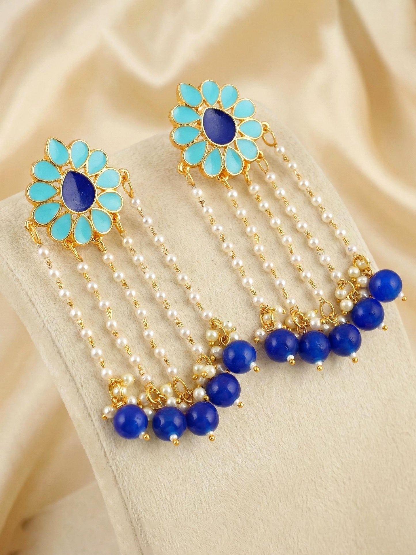 Gold-Plated Enamel Floral Long Earrings with Moti Layers and Blue Beads Earring For Girls & Women (354-KEO-13113-FB)