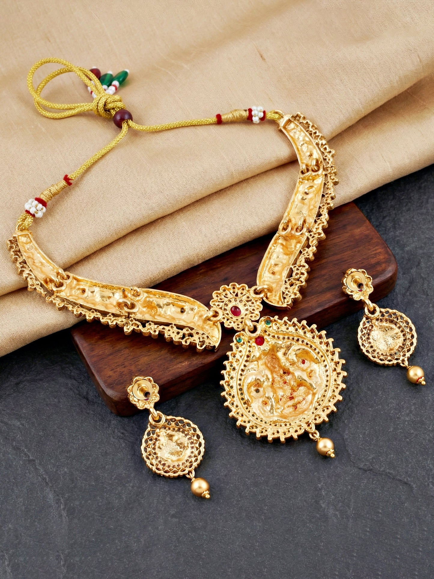 Traditional Antique Gold-Tone Temple Jewellery Necklace Set for Women with Goddess Lakshmi Pendant & Matching Earrings (1122-ISR-2179-R)